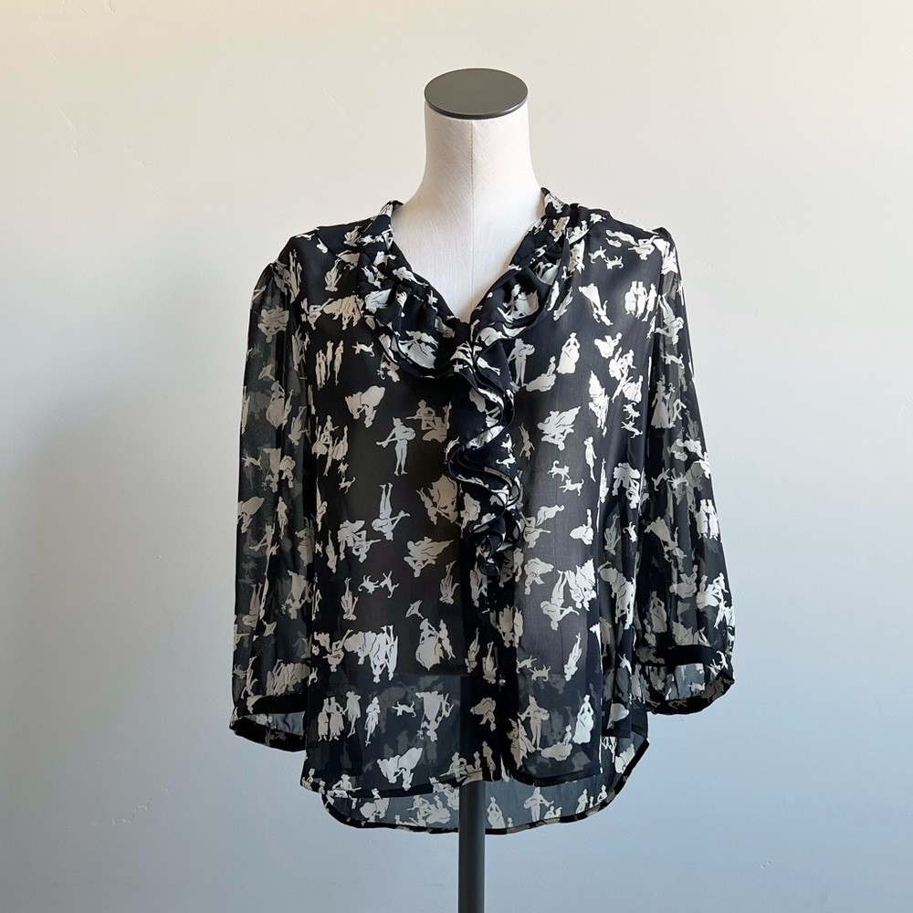 Anthropologie HD in Paris People Pattern Button Down Ruffle Blouse Black 12P
